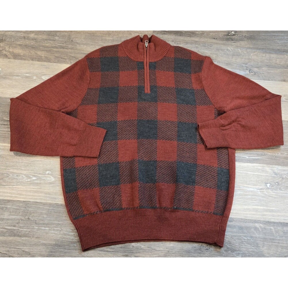 Dockers Mens Sweater Small Red Black Plaid 1/4 Zip Pullover‎ Knit Top